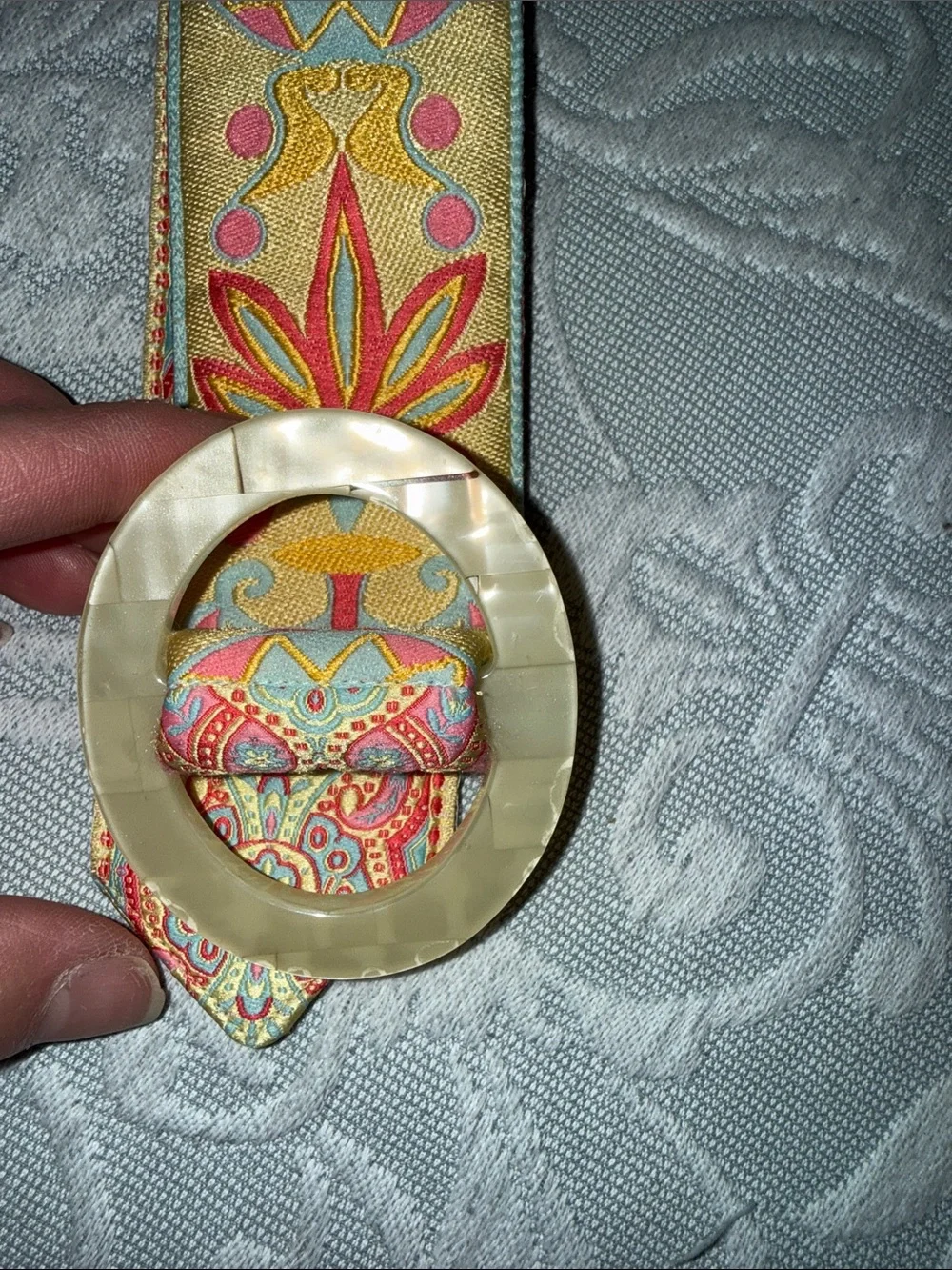 Embroidered Floral Jacquard Belt in Yellow and Pink Reversible